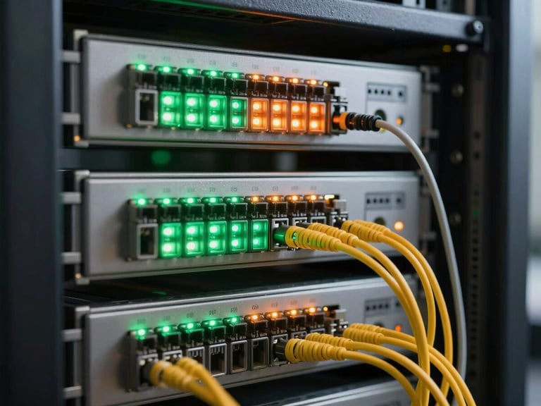 Macro shot of clean server rack cabling with glowing green and orange status LEDs, organized fiber patch panels, cool natural daylight.