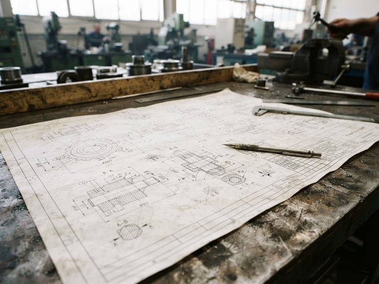Close-up of a technical blueprint spec sheet on an industrial workbench, sharp focus, bright natural warehouse lighting, realistic metallic tones, 35mm