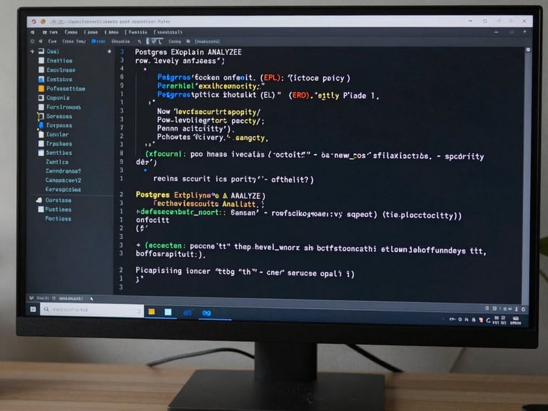 Tight crop of a terminal window showing a Postgres EXPLAIN ANALYZE output with row-level security policy annotations visible, dark terminal background, code in monospace clearly legible, workspace desk edge visible at bottom