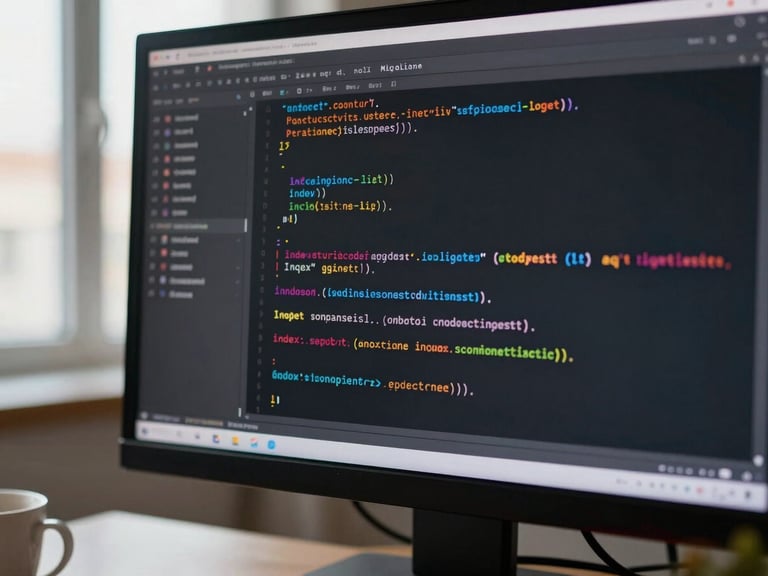 Close crop of a monitor screen showing readable SQL migration code with highlighted index definitions, natural office window light from the left, shallow depth of field, no people, the desk surface and a coffee cup barely visible at the bottom edge