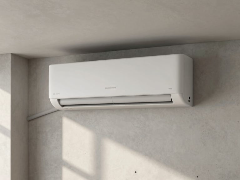 A minimalist concrete wall with an integrated matte-finish air conditioning unit, soft natural window light casting subtle architectural shadows, 35mm photography