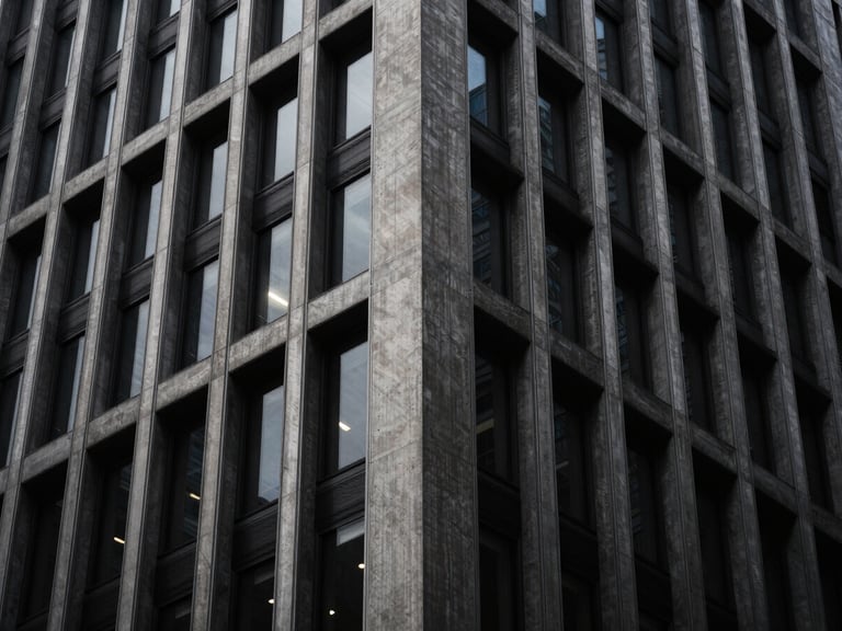 Moody architectural photography of a modern concrete and steel skyscraper facade, low-key dramatic lighting, deep charcoal and brushed silver tones, high contrast, 35mm