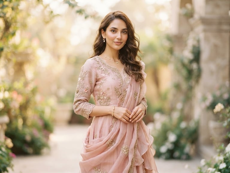 Elegant portrait of a model wearing a beautifully draped blush pink festive pret dress, soft diffused daylight, shallow depth of field.