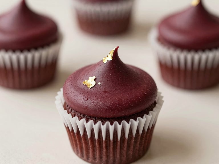 Elegant editorial food photography of a minimalist custom cupcake with textured burgundy ganache and delicate gold leaf, soft natural daylight, shallow depth of field, neutral background