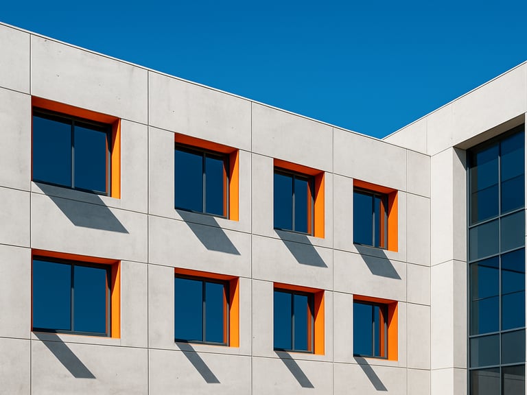 Bright architectural photography of a modern concrete office facade in Doral, high-key natural daylight, sharp geometric shadows, vivid blue sky, 35mm.