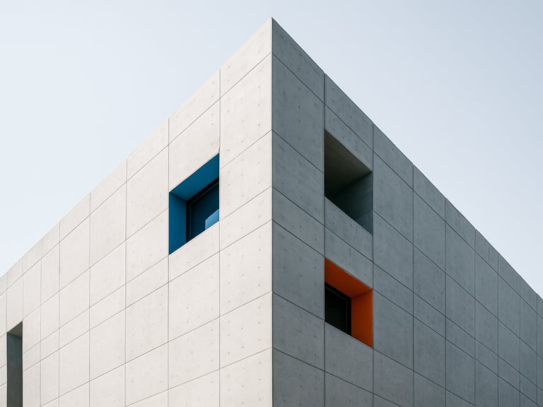 Wide-angle architectural photograph of a minimalist concrete skyscraper facade against a stark white sky, casting sharp geometric shadows, high-key natural daylight, 35mm.