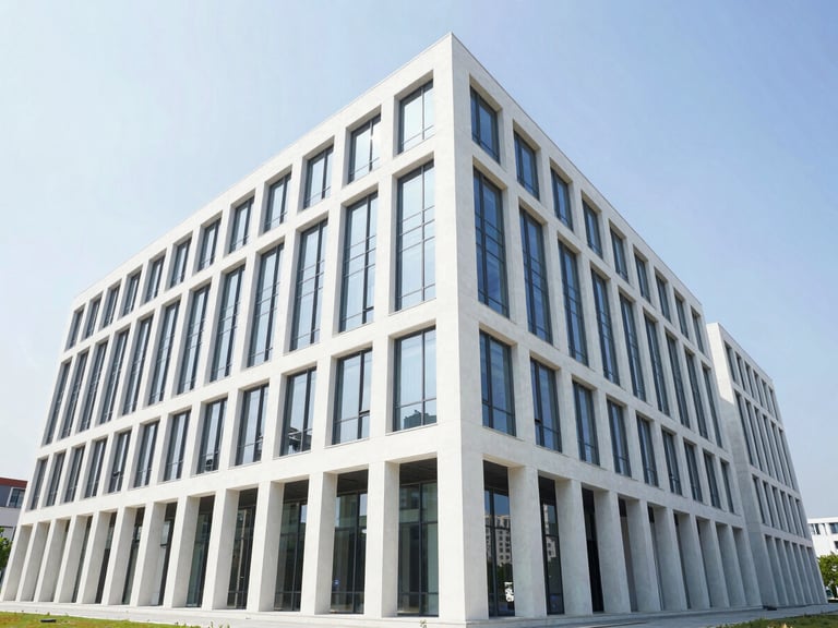 Wide-angle architectural exterior of a modern commercial office building, clean structural lines, bright daylight