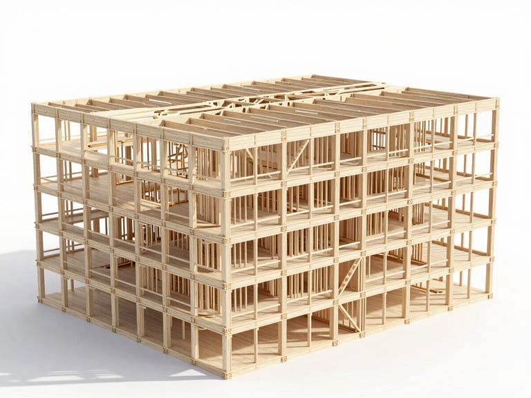A high-tech 3D CAD model of a multi-story mass timber building, showing precise structural framing and integrated utility pathways in crisp detail.