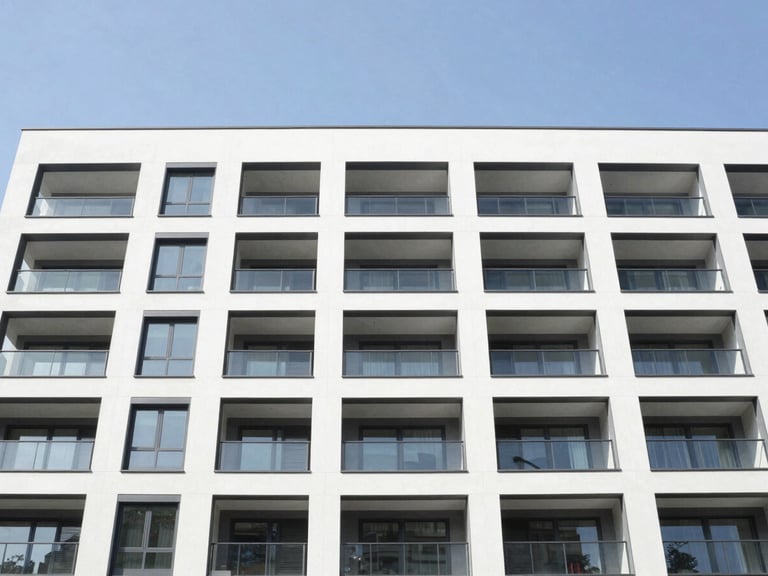 Crisp architectural photography of a modern multi-family apartment building with clean lines, bright daylight, wide-angle lens