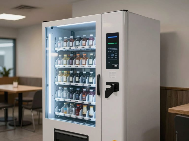 A clean, modern vending machine dispensing area in a corporate cafeteria, soft overhead light, minimalist composition