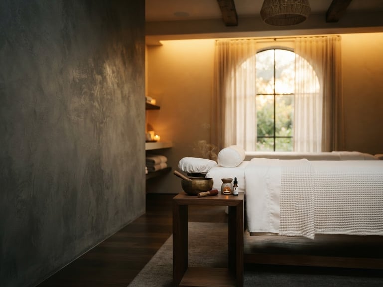 Wide shot of a pristine, empty luxury spa treatment room with soft, diffused golden light, a massage bed draped in thick white cotton, and a brass singing bowl on a side table. Generous negative space on the left.