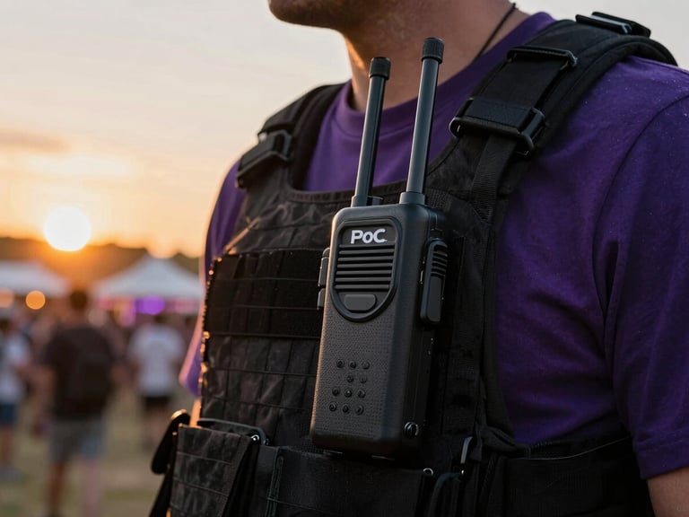 Close-up of a sleek black PoC radio clipped to a tactical vest of an event coordinator at a vibrant outdoor festival with warm sunset lighting.