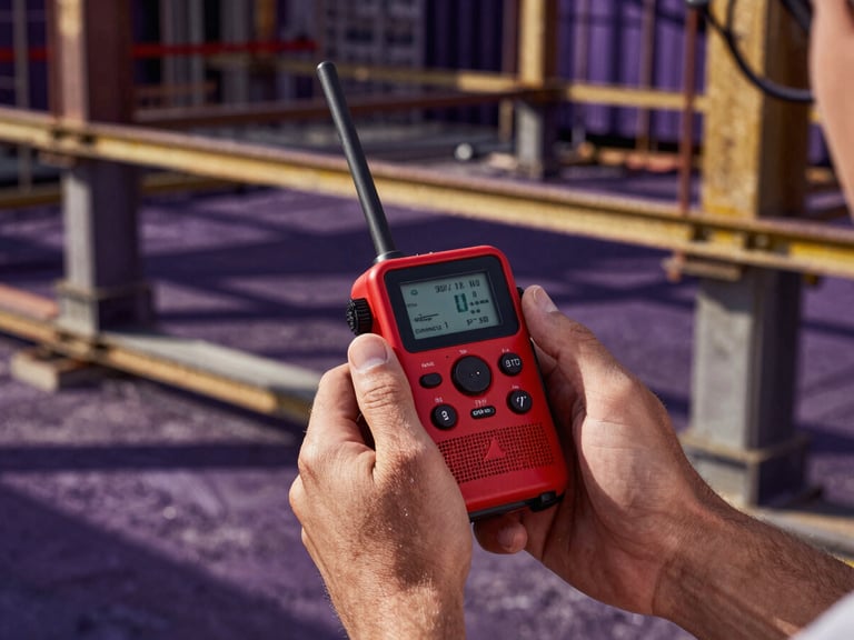 Close-up of hands holding a professional red analog/digital radio on an active, organized construction site with steel structures in background, rich shadows.