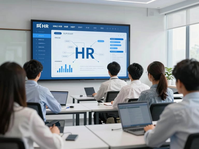 Students attending an interactive HR training session in a modern classroom, focused on a digital HR dashboard, bright natural light, cool blue tones