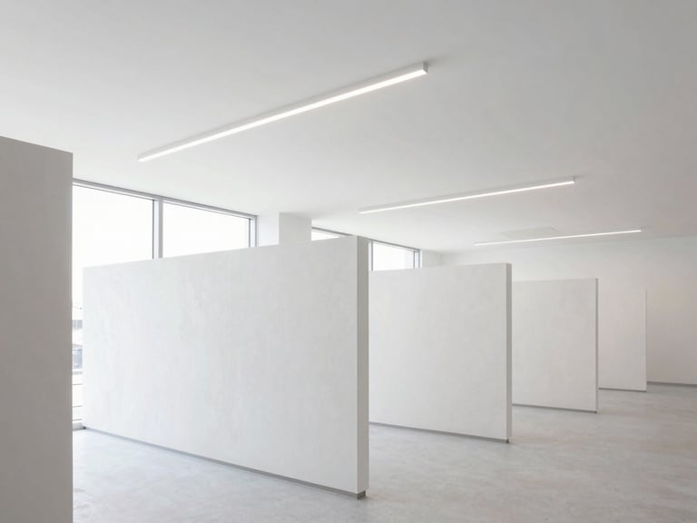 Bright modern office interior with clean suspended ceilings and perfect drywall partitions, geometric architectural perspective