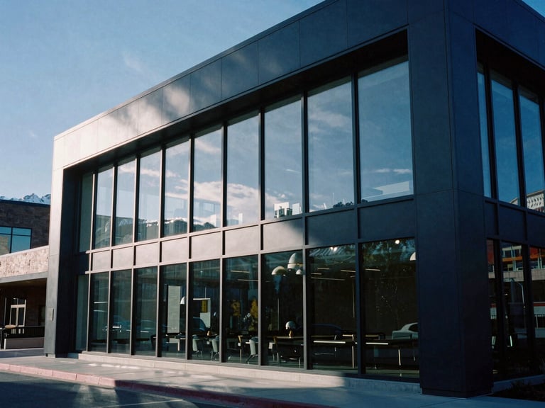 Wide environmental shot of a modern architectural office in Park City, Utah, with crisp alpine light streaming through floor-to-ceiling windows, 35mm photography
