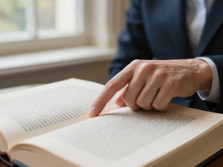 Close-up of a teacher's hand (Professor Richardson) gently pointing at a passage in a Cambridge textbook, indicating a key concept, soft natural window light, academic navy and cream tones, shallow depth of field, 35mm.