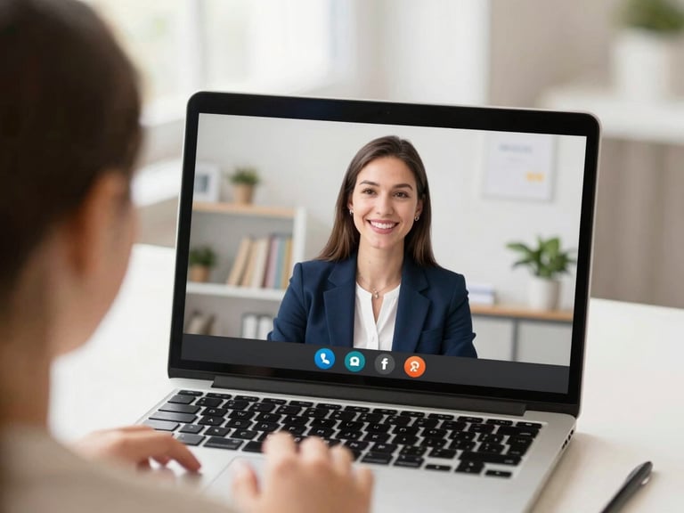 Over-the-shoulder shot of a clean laptop screen showing an active video call with a friendly teacher, focusing on the student's perspective, soft natural window light, academic navy and cream tones, shallow depth of field, 35mm.