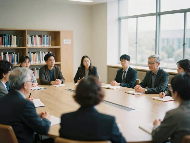Diverse group of academics and community leaders at a roundtable discussion, architectural details of a university library in the background, soft natural window light, 35mm film grain