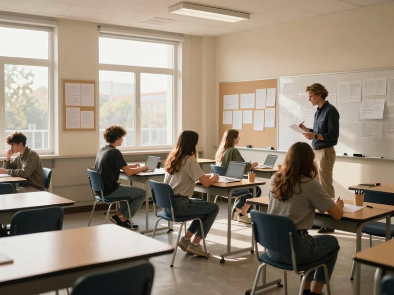 Wide environmental shot of a bright study room interior, several students at separate desks working quietly, a teacher standing near a whiteboard reviewing notes with one student, warm afternoon light through large windows, student work pinned to bulletin boards