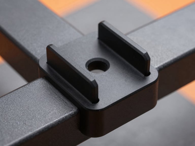 Macro shot of a finished custom black polymer bracket mounted securely onto an industrial metal frame, showing perfect fit and clean matte finish