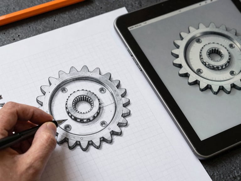 Overhead flat-lay of a hand-drawn mechanical sketch on grid paper next to a digital tablet displaying a 3D CAD model of the same gear