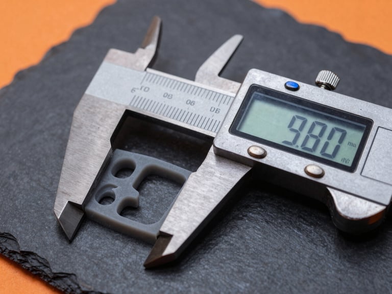 Close-up of a digital caliper measuring the precise millimeter thickness of a printed gray polymer prototype under high-contrast studio lighting