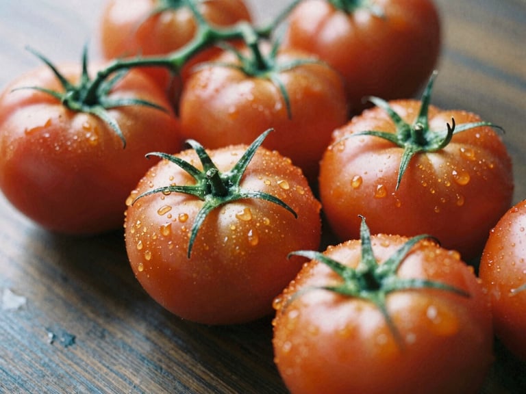 Close-up of fresh heirloom tomatoes resting on a dark wooden table, soft daylight illuminating water droplets, rich green stems, 35mm film look