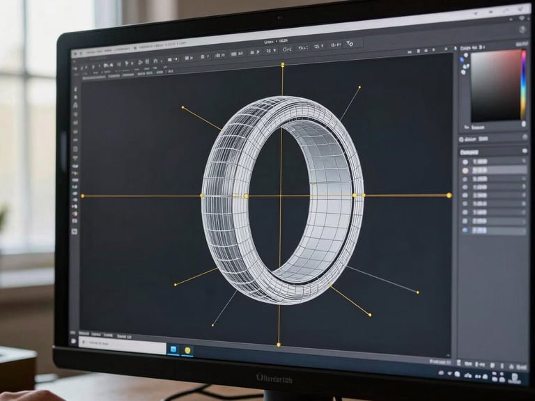 Ultra-close CAD screen capture showing a wireframe ring model in jewelry design software, mesh topology visible over a dark UI background, construction lines and node points rendered in white and gold over the dark viewport, no hands in frame, documentary daylight from a side window catching the monitor edge