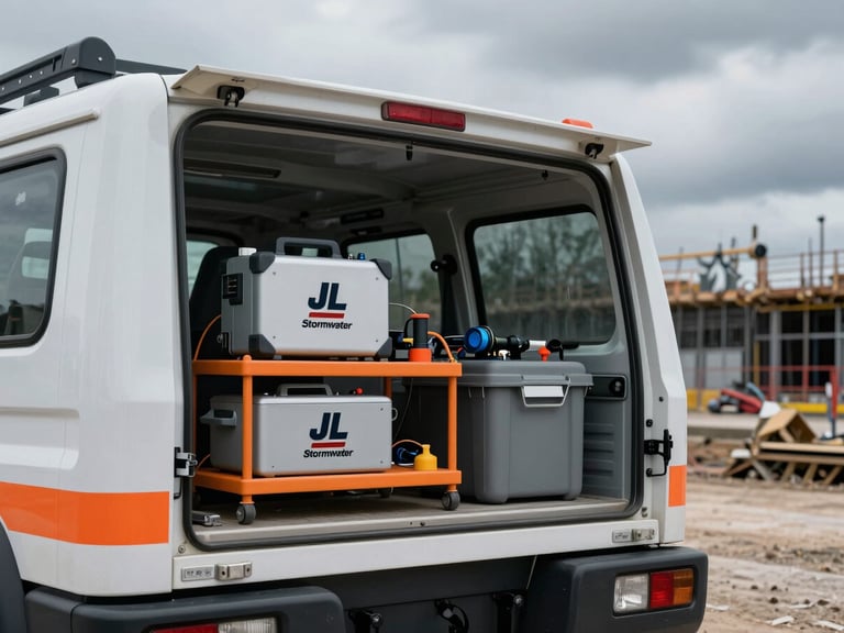 Close-up of a branded JL Stormwater field vehicle's rear, showcasing water testing equipment and tools, on a construction site under overcast sky, industrial editorial photography, cool desaturated tones, sharp focus.