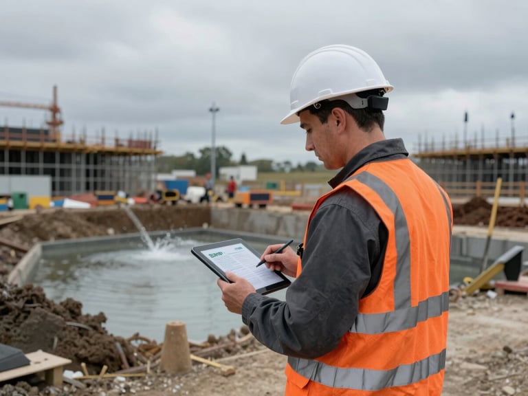 Professional JL Stormwater inspector in high-visibility gear holding a tablet, reviewing BMPs on an active construction site, overcast daylight, cool desaturated tones, sharp focus.
