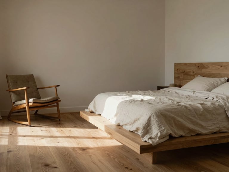 Editorial bedroom interior, minimalist low platform bed with organic linen sheets, a vintage reading chair in the corner where soft morning sunlight pools on the oak floor.