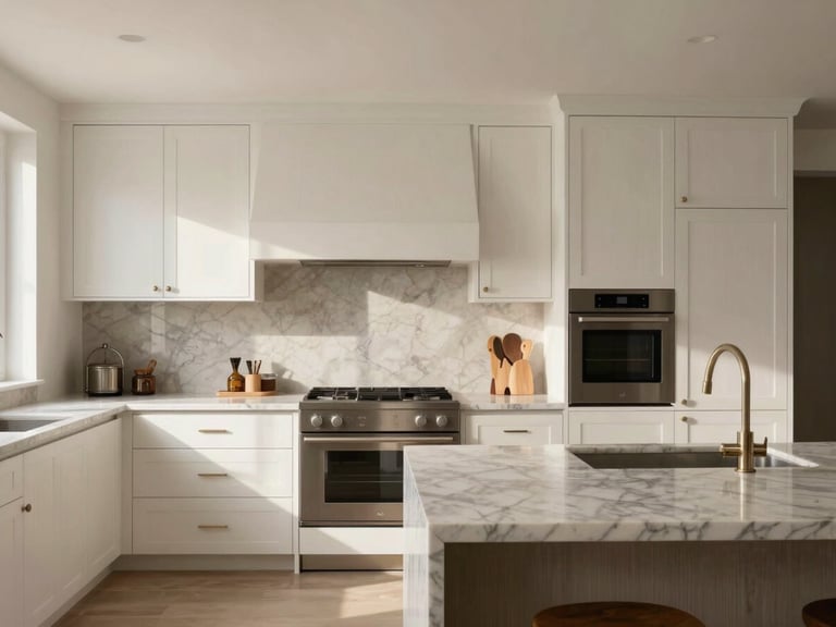 Editorial eye-level shot of a modern kitchen with custom white oak cabinetry, premium integrated appliances, and a marble island under soft daylight.