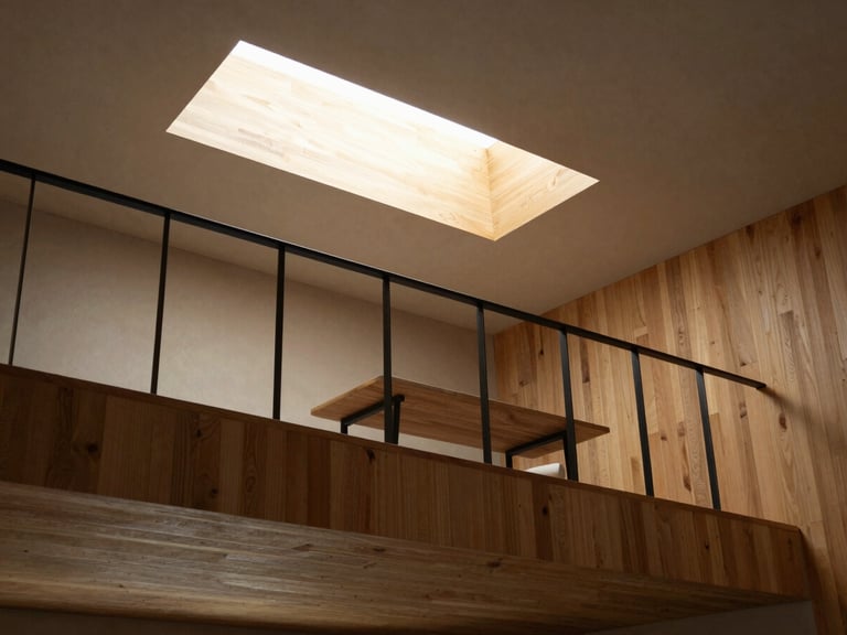 Looking up at a modern timber-clad mezzanine level with black steel railings, warm light from an overhead skylight, minimalist desk visible.