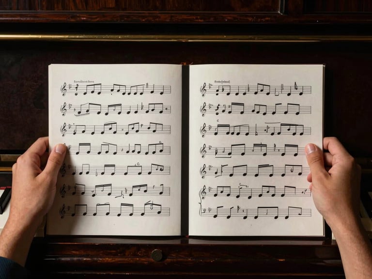 Symmetrical medium shot of a student analyzing classical sheet music under dramatic side-light, rich dark tones, sharp focus, 50mm.
