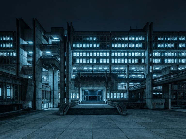 Wide panoramic shot of a brutalist institutional building facade, cold blue fluorescent lighting, sharp architectural lines, extreme wide angle, desaturated slate and cyan tones, no people.