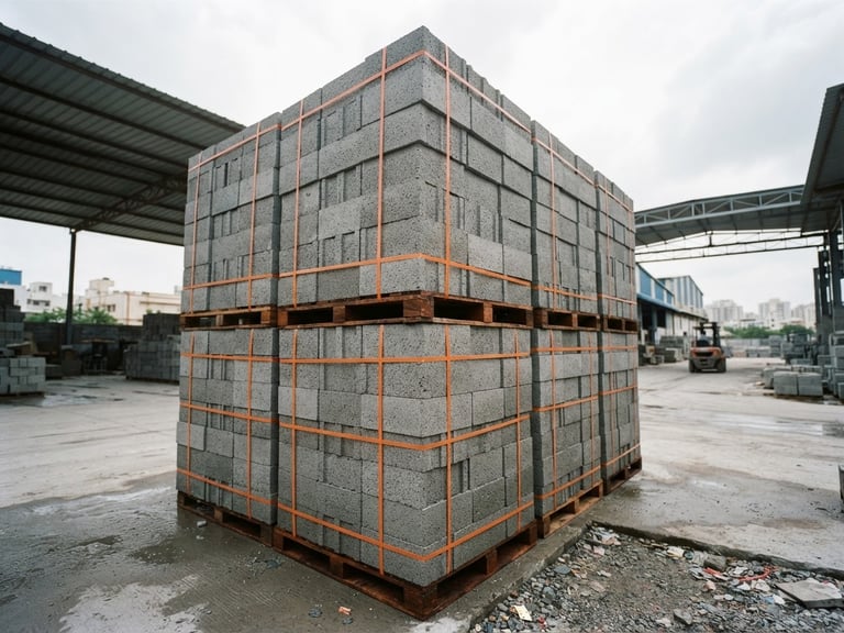Low-angle heroic shot of neatly stacked concrete blocks on pallets in a bright overcast Hyderabad manufacturing yard, 35mm industrial photography