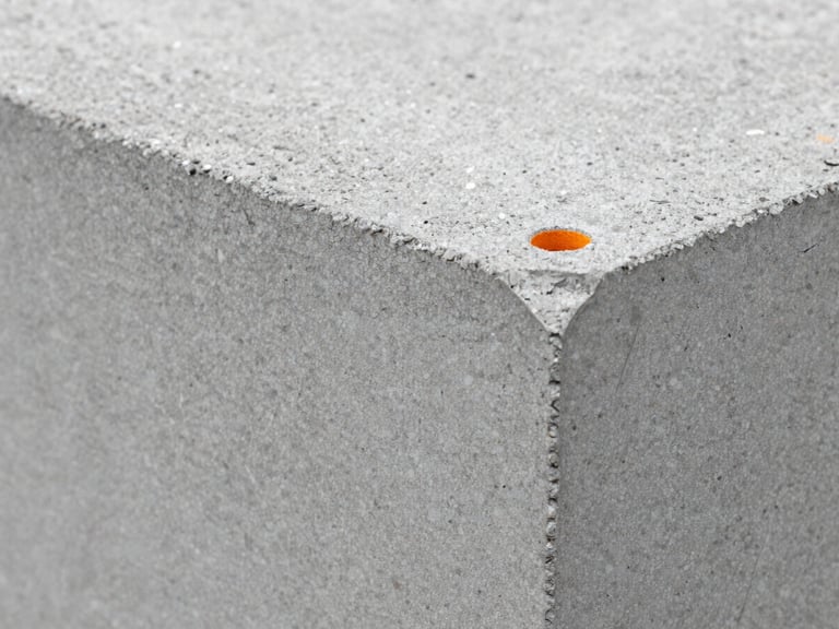 Macro close-up of concrete block textures showing aggregate density, sharp focus, cool concrete greys, 35mm