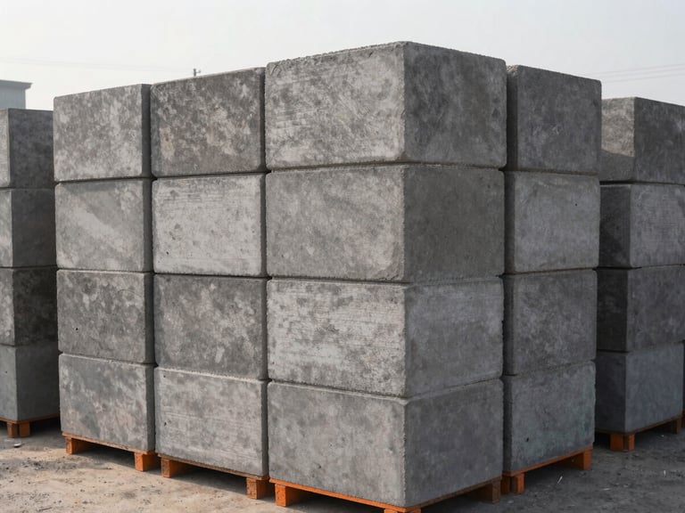 Neatly stacked fly ash blocks ready for transport in the Aziz Nagar facility yard, crisp morning sun, 35mm