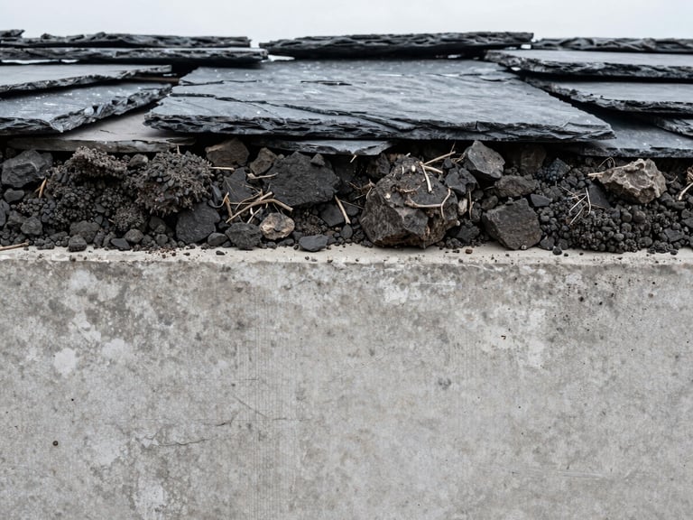 Macro shot of a core soil sample showing dense bedrock layers, high-contrast overcast daylight, cool concrete and slate tones, sharp focus, 35mm lens
