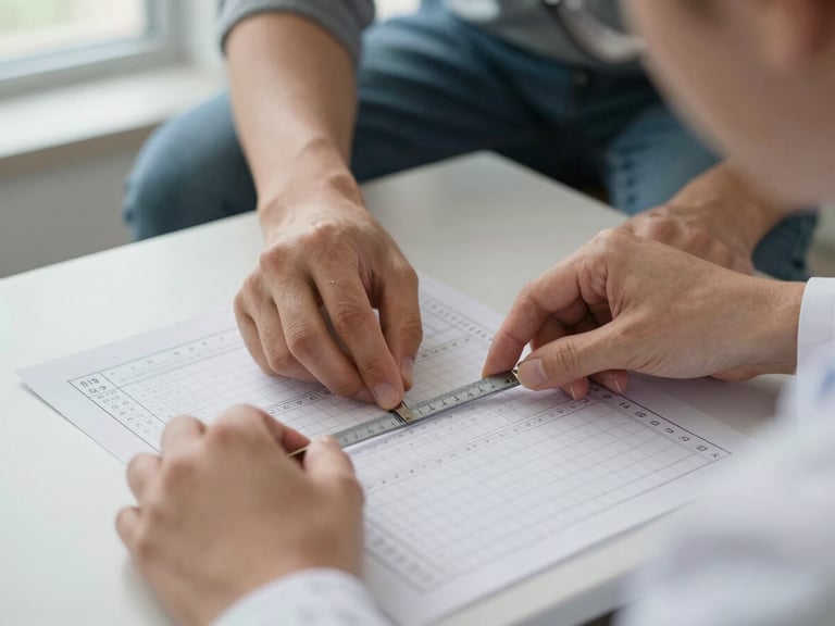 Close-up overhead shot of a clinician's hands placing a measuring tool on a printed gait assessment form on a desk, soft natural window light from the upper left, a patient's lower legs visible at the edge of the frame in soft focus