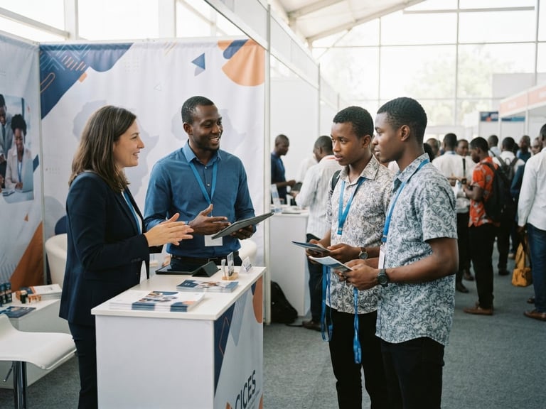 Bright modern exhibition booth at CICES Dakar, professional representatives talking to West African students, daylight, corporate blue accents, 35mm lens