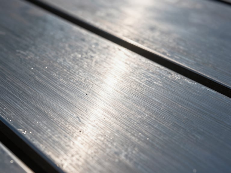 Extreme close-up of industrial brushed steel plates with technical stampings, dramatic low-angle daylight reflecting off the metallic grain.