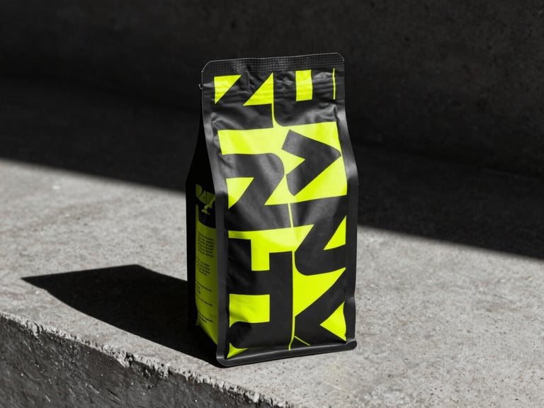 Hiperrealistic mockup of a coffee bag with bold geometric typography, placed on a concrete ledge, sharp shadows, neon yellow accents.