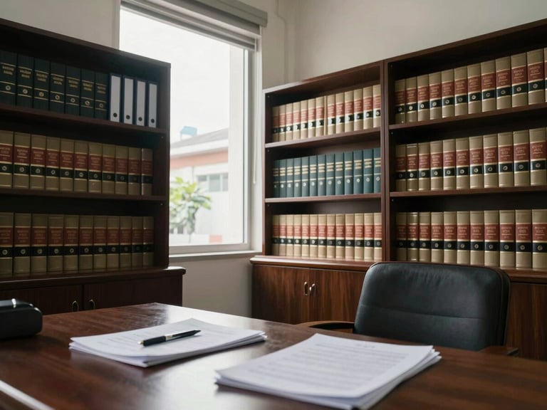 Wide interior shot of a legal office in Pontianak, shelves lined with case files and law books, north-facing window letting in soft daylight, a desk with documents and a pen in the foreground