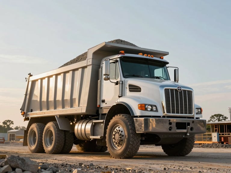Low-angle heroic shot of a clean heavy dump truck unloading gravel on a construction site in Katy Texas, golden hour morning light, metallic textures
