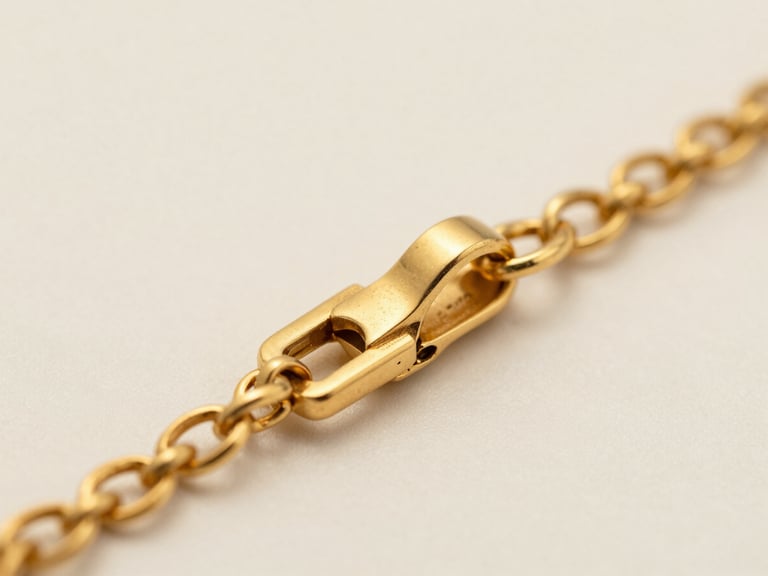 Extreme macro closeup of a gold necklace clasp resting on a neutral warm-white surface, soft diffused studio strobe from upper left revealing the precise hand-filed joint and textured link detail, shallow depth of field isolating the metalwork against a soft cream background, no hands, no jewellery worn
