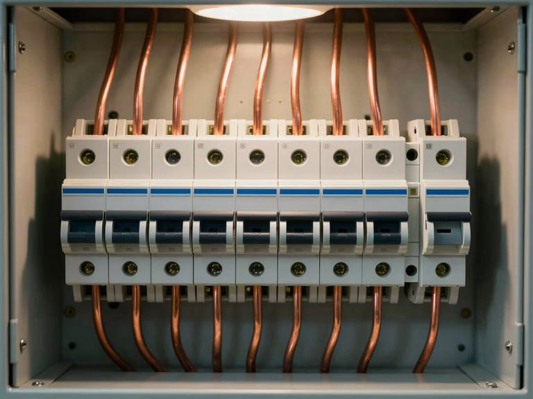 Symmetrical close-up of a perfectly organized, clean modern circuit breaker panel, copper wiring routed in flawless parallel lines, warm studio lighting.