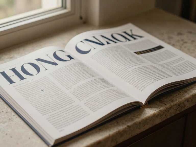 Tactile paper mockups of a luxury magazine layout on a limestone surface, elegant serif typography, warm editorial lighting, 35mm