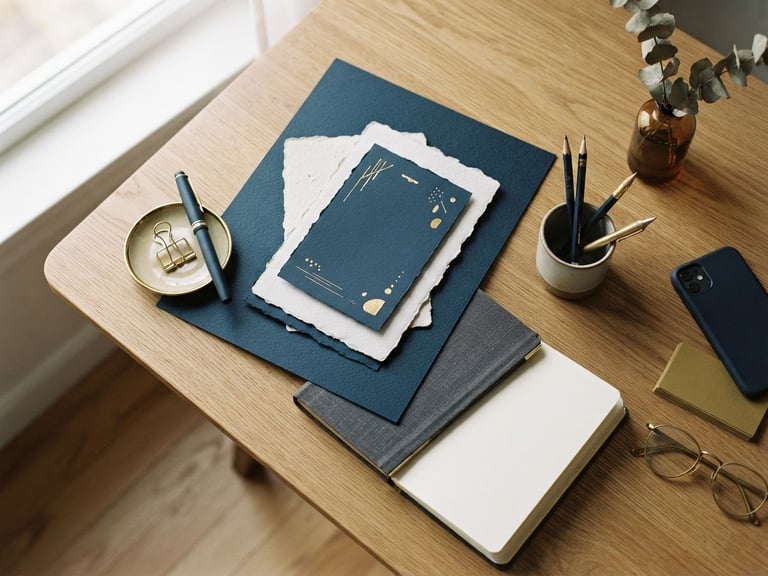 Overhead view of a minimalist workspace, warm editorial photography, soft side-lit window light, deep navy and muted gold tones, tactile paper mockups, 35mm